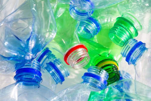 A close-up view of multiple crumpled plastic bottles with varying colours, including green, blue, and clear, stacked and overlapping on a plain surface. The bottles have ridged necks and some feature coloured caps, primarily in green, blue, and red. The background is out of focus but appears neutral, emphasizing the glossy textures and transparency of the plastic. This image visually represents waste materials like recyclable bottles, relevant to rubbish removal services provided by companies such as Office Clearance Fitzrovia, which operate in central London postal districts including Fitzrovia. The scene highlights the typical type of plastic waste collected and disposed of during office or commercial rubbish clearance, accentuating the importance of proper waste segregation and disposal services in the UK waste management sector.